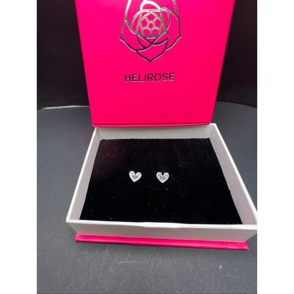 NIB! Helirose Lavender Purple Silver Tone Heart Shaped Stud Earring Gift Box
